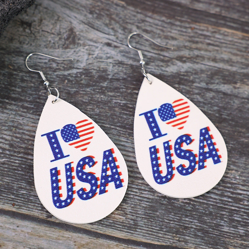 Venta al por mayor I Love USA Pendientes de cuero en forma de lágrima